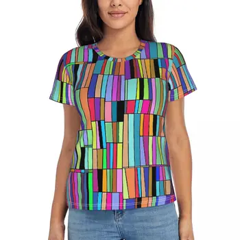 Женская футболка, летняя футболка с цветными блоками, абстрактная книжная полка, модные футболки с короткими рукавами, топы классического дизайна оверсайз