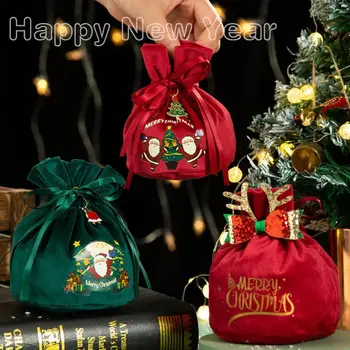 Сумка для рождественских конфет с яблоками, бархатная подарочная сумка, сумка Санта-Клауса на шнурке, украшение для Рождественской елки, Новогодний декор